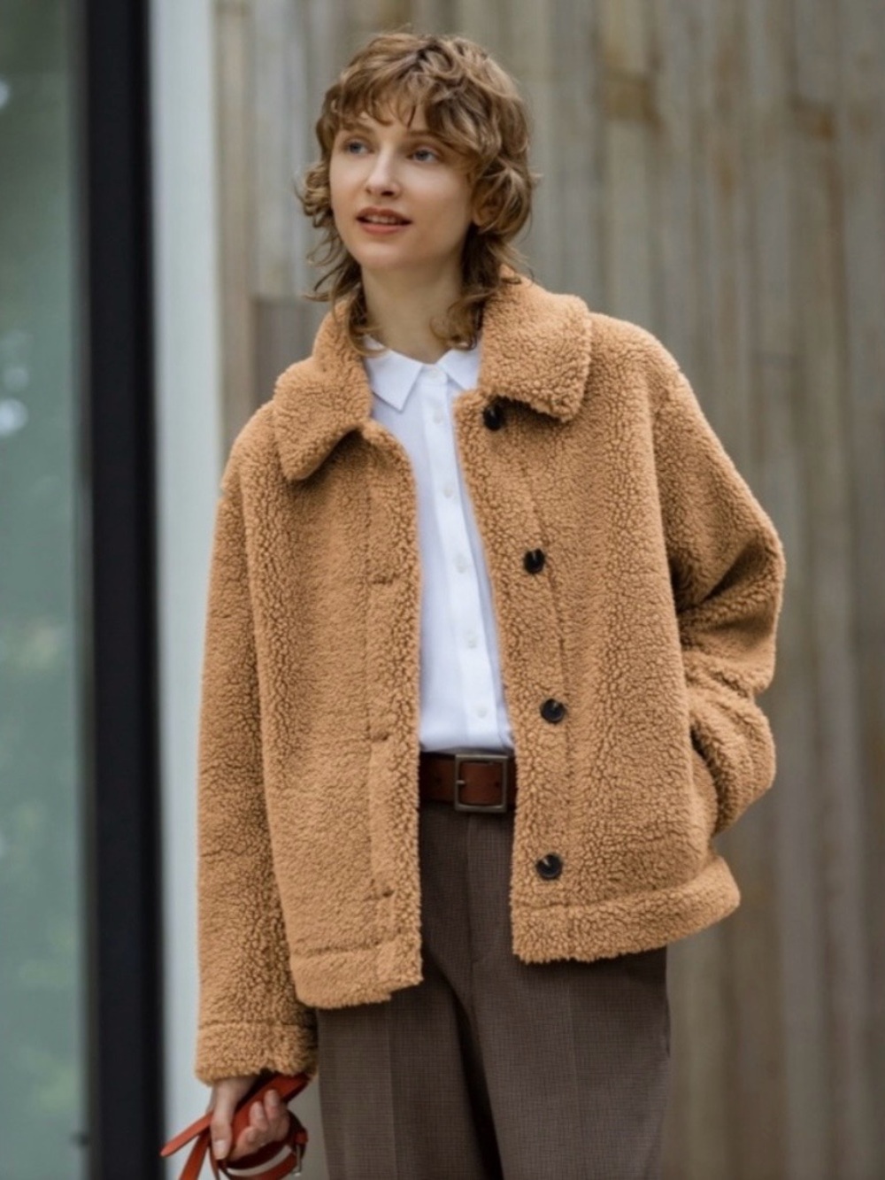 UNIQLO Pile-Lined Fleece Jacket Camel Brown Tan Teddy Bear Coat Women's Size Sm